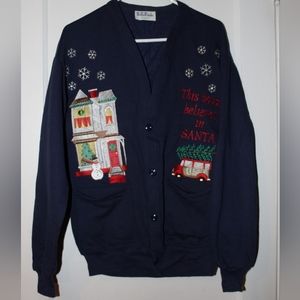 Vintage Belle Pointe Ugly Christmas Sweater Navy Snow House Truck Embroidery